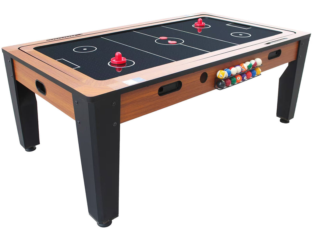 Table multi jeux bois foncé rotative 7FT billard - hockey - Ping-pong